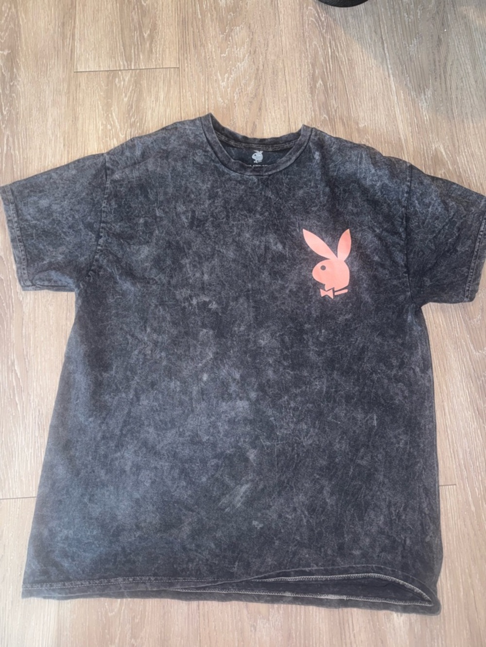 PLAYBOY Black Mineral-Wash Short Sleeve Tee with Pink Bunny Chest Logo